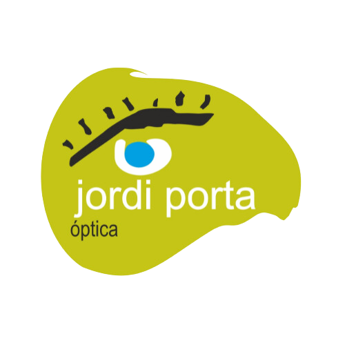 Logotipo de Óptica Jordi Porta con diseño en verde y azul.