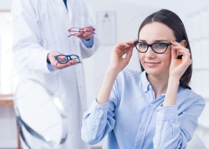 Mujer probándose gafas con la ayuda de un especialista en óptica.