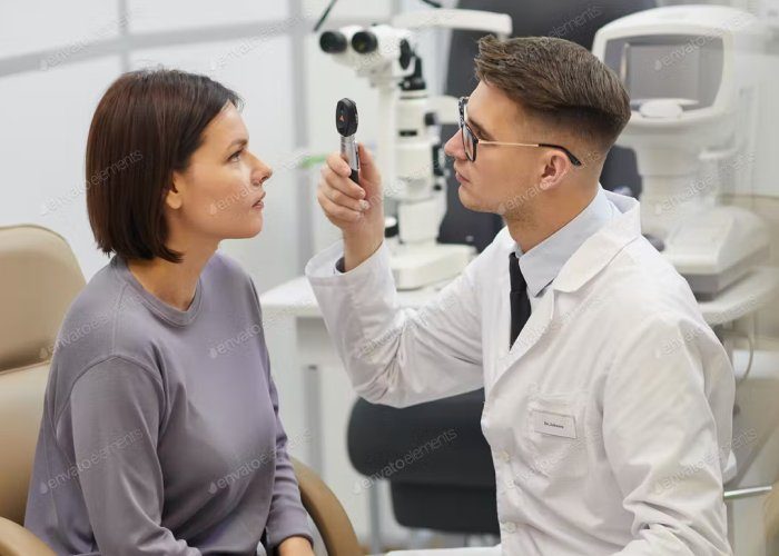 Optometrista realizando un examen ocular a una paciente en Óptica Jordi Porta.